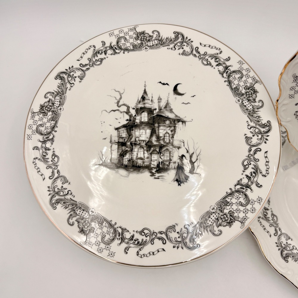 Gothic Haunted House Toile Cake Stand and Dinner Plates Set of 3 Gold Rim - Picture 3 of 7